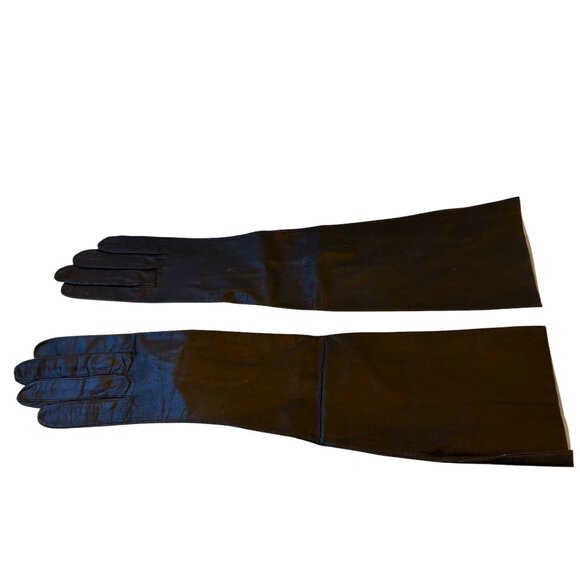 Vintage 60's FRANCE Black Kid Leather Opera Elbow Length Gloves France 6.5 NEW - Picture 1 of 9